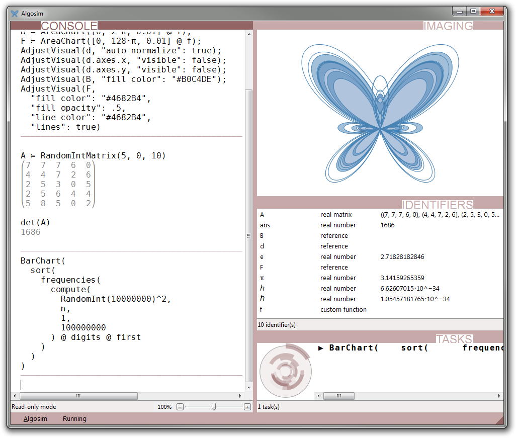 Algosim displaying the butterfly curve, a matrix determinant, and currently computing the distribution of first digits in a random list of numbers (to be displayed in a bar chart).