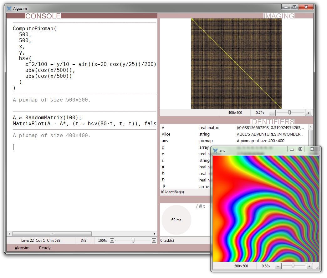 Algosim displaying a matrix plot and a colourful computed pixmap.