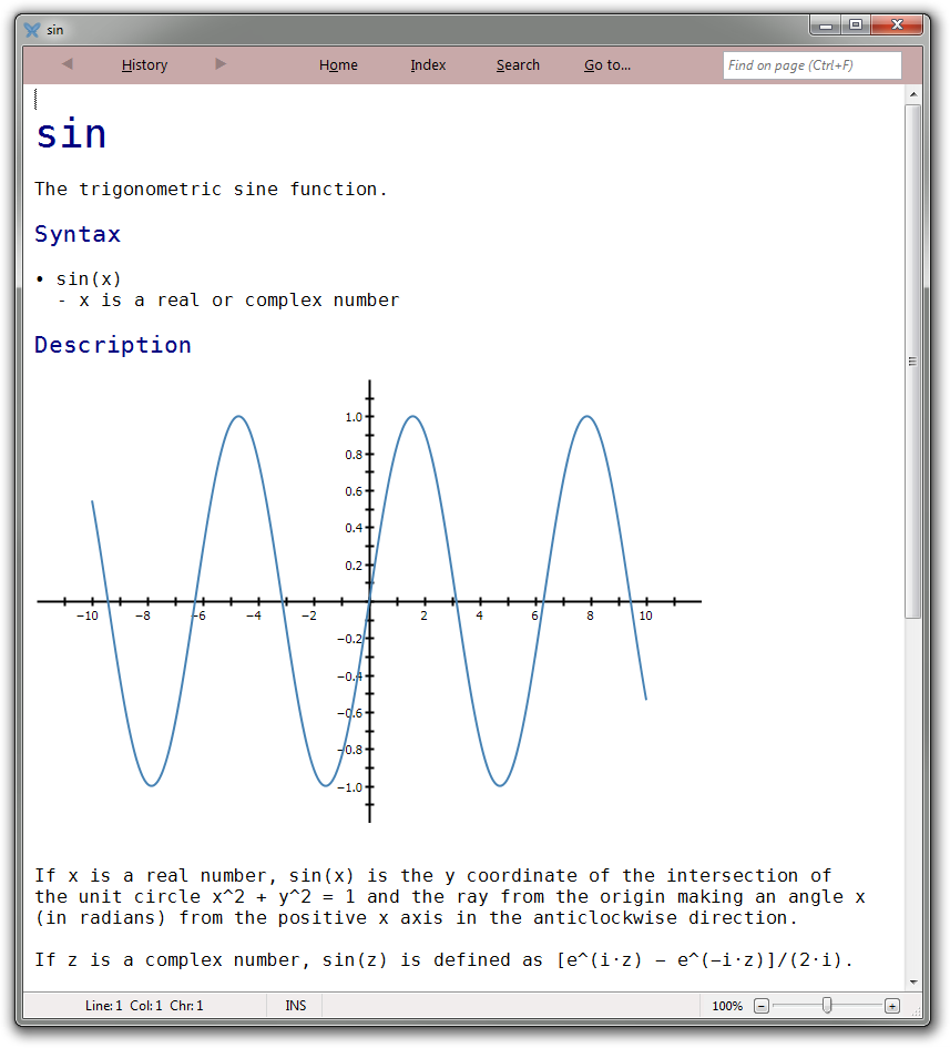 The Algosim documentation browser displaying the topic for the sine function.
