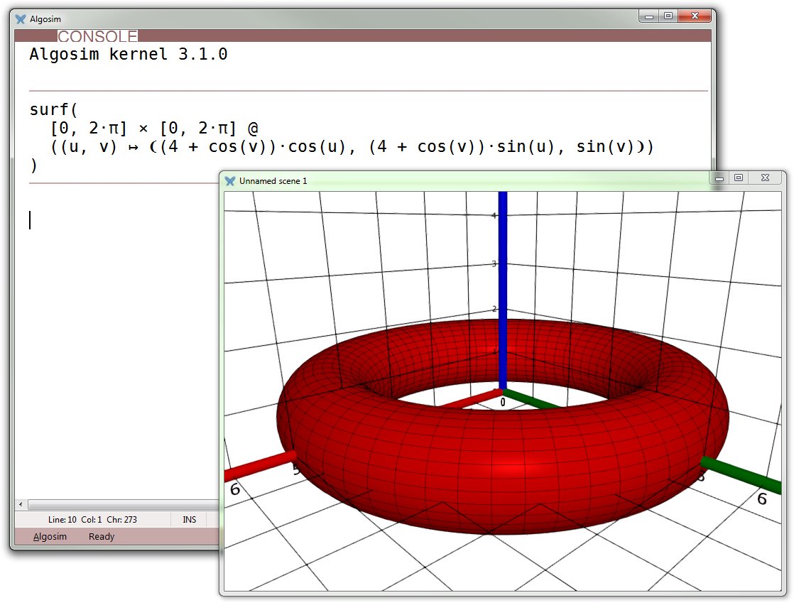 Algosim displaying a 3D parameterised surface.
